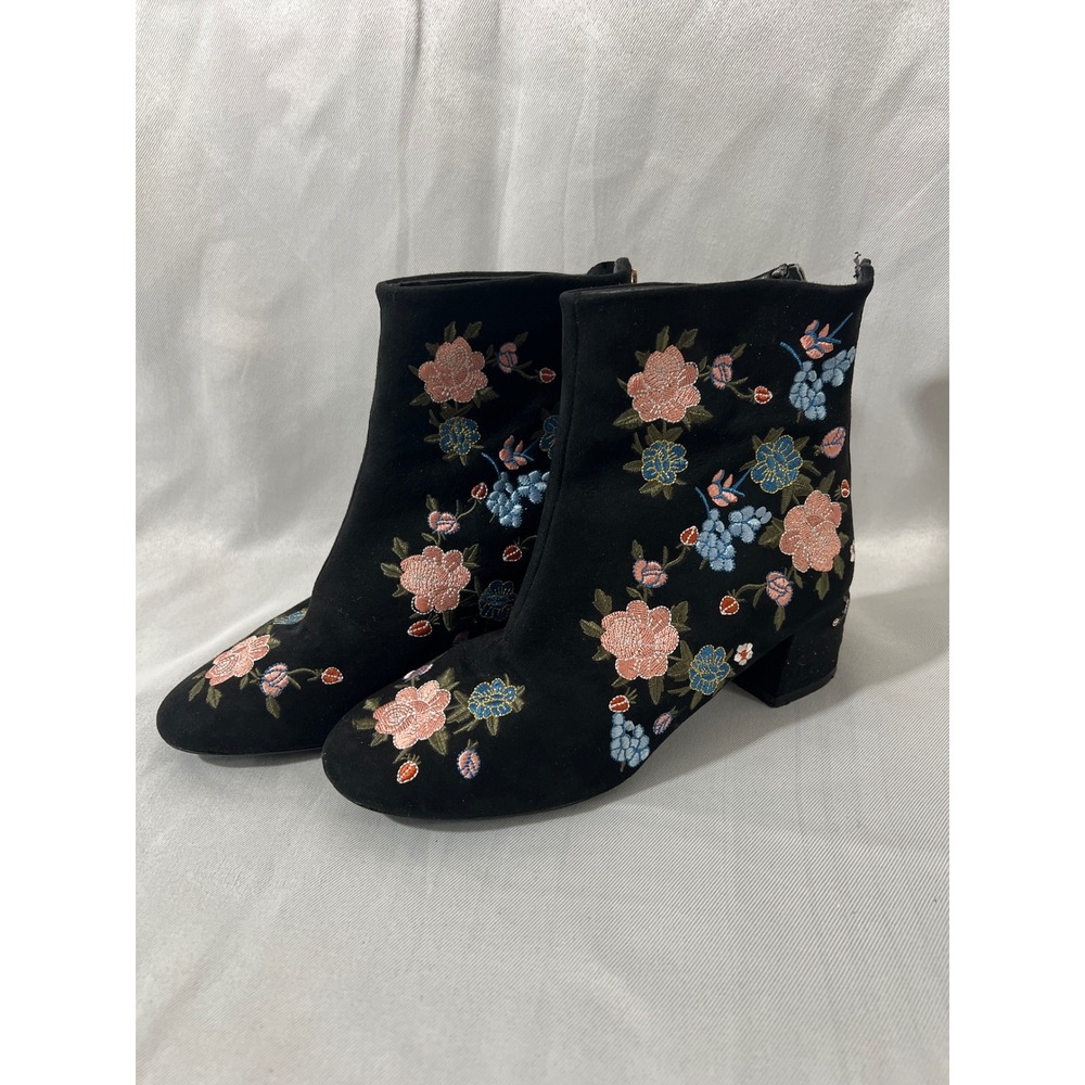 Black Floral Embroidered Ankle Boots Block Heel‎ back Zip Women Size 5.5
